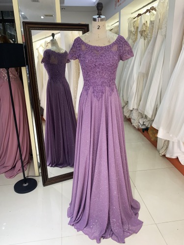 2025 wholesale purple short cap sleeve embroidery A line zipper up back shiny skirt mother of the bride dresses