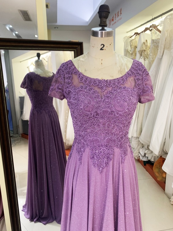 2025 wholesale purple short cap sleeve embroidery A line zipper up back shiny skirt mother of the bride dresses