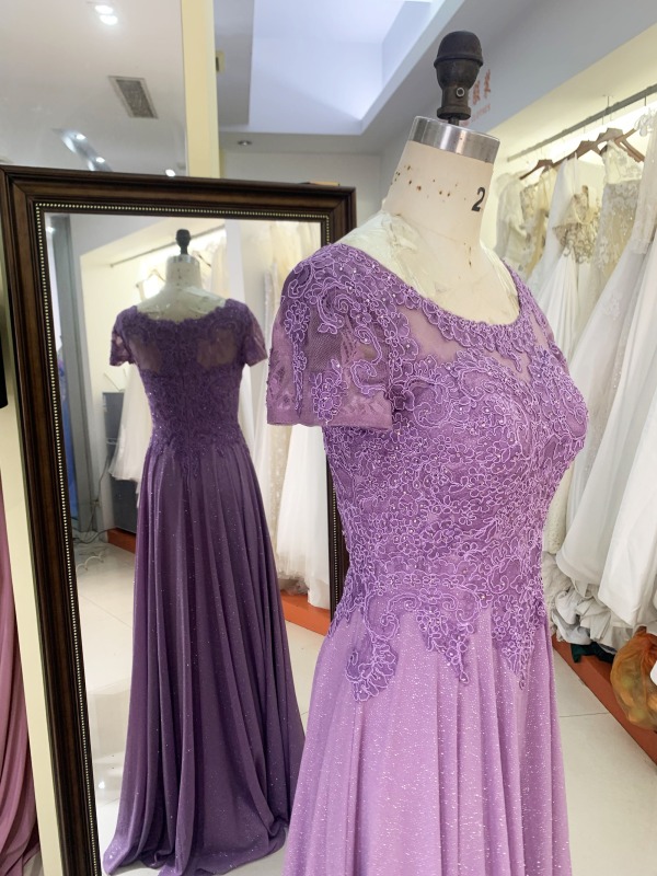 2025 wholesale purple short cap sleeve embroidery A line zipper up back shiny skirt mother of the bride dresses