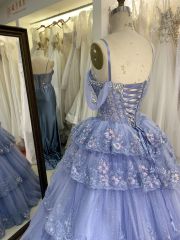 Dusty Blue off shoulder sleeveless 3D glitter embroidery lace up back quinceanera princess ruffle ball gown