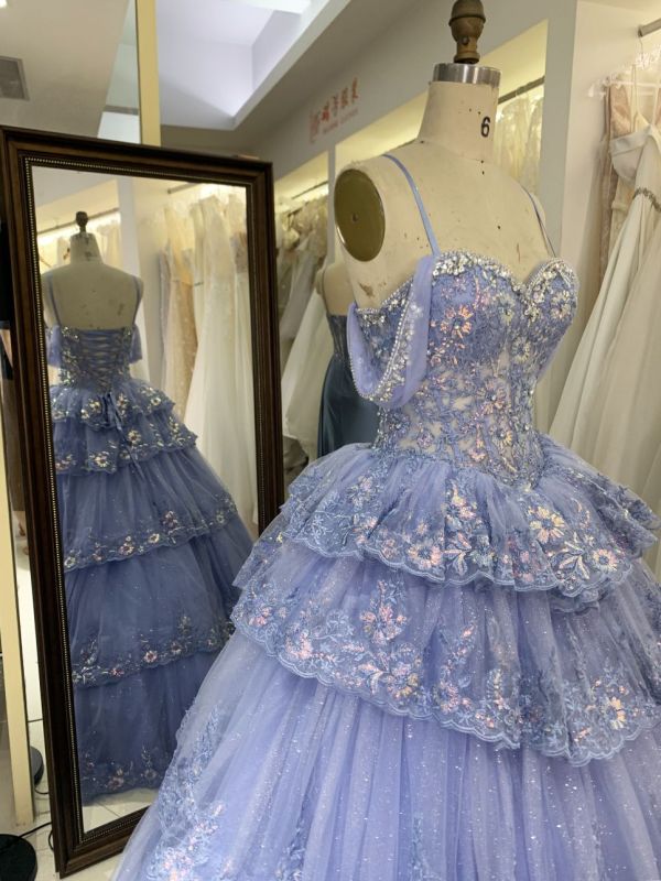 Dusty Blue off shoulder sleeveless 3D glitter embroidery lace up back quinceanera princess ruffle ball gown