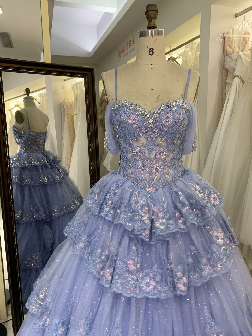 Dusty Blue off shoulder sleeveless 3D glitter embroidery lace up back quinceanera princess ruffle ball gown