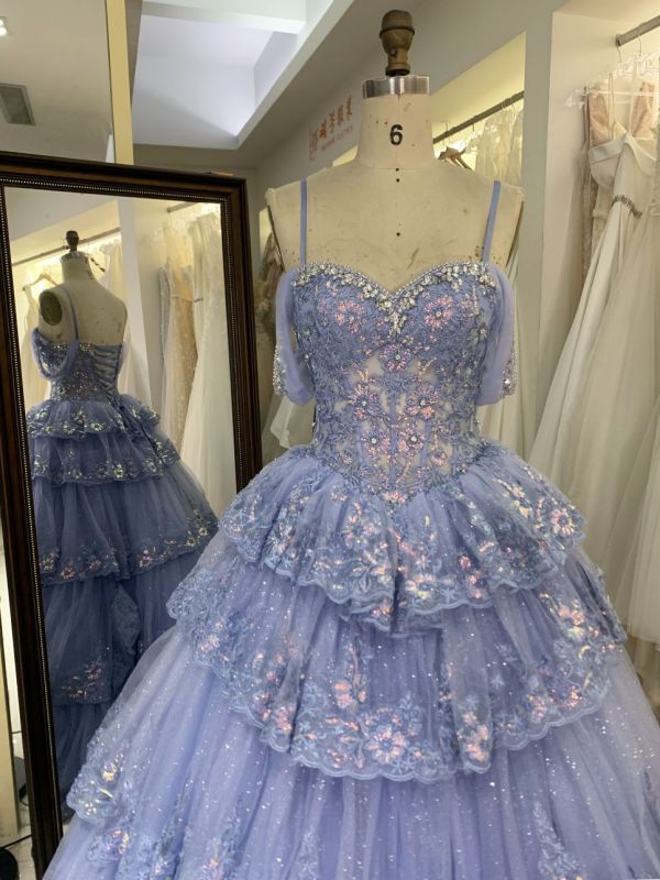 Dusty Blue off shoulder sleeveless 3D glitter embroidery lace up back quinceanera princess ruffle ball gown