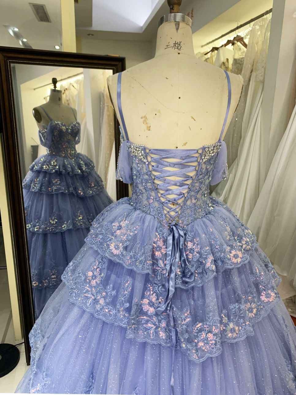 Dusty Blue off shoulder sleeveless 3D glitter embroidery lace up back quinceanera princess ruffle ball gown