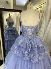 Dusty Blue off shoulder sleeveless 3D glitter embroidery lace up back quinceanera princess ruffle ball gown