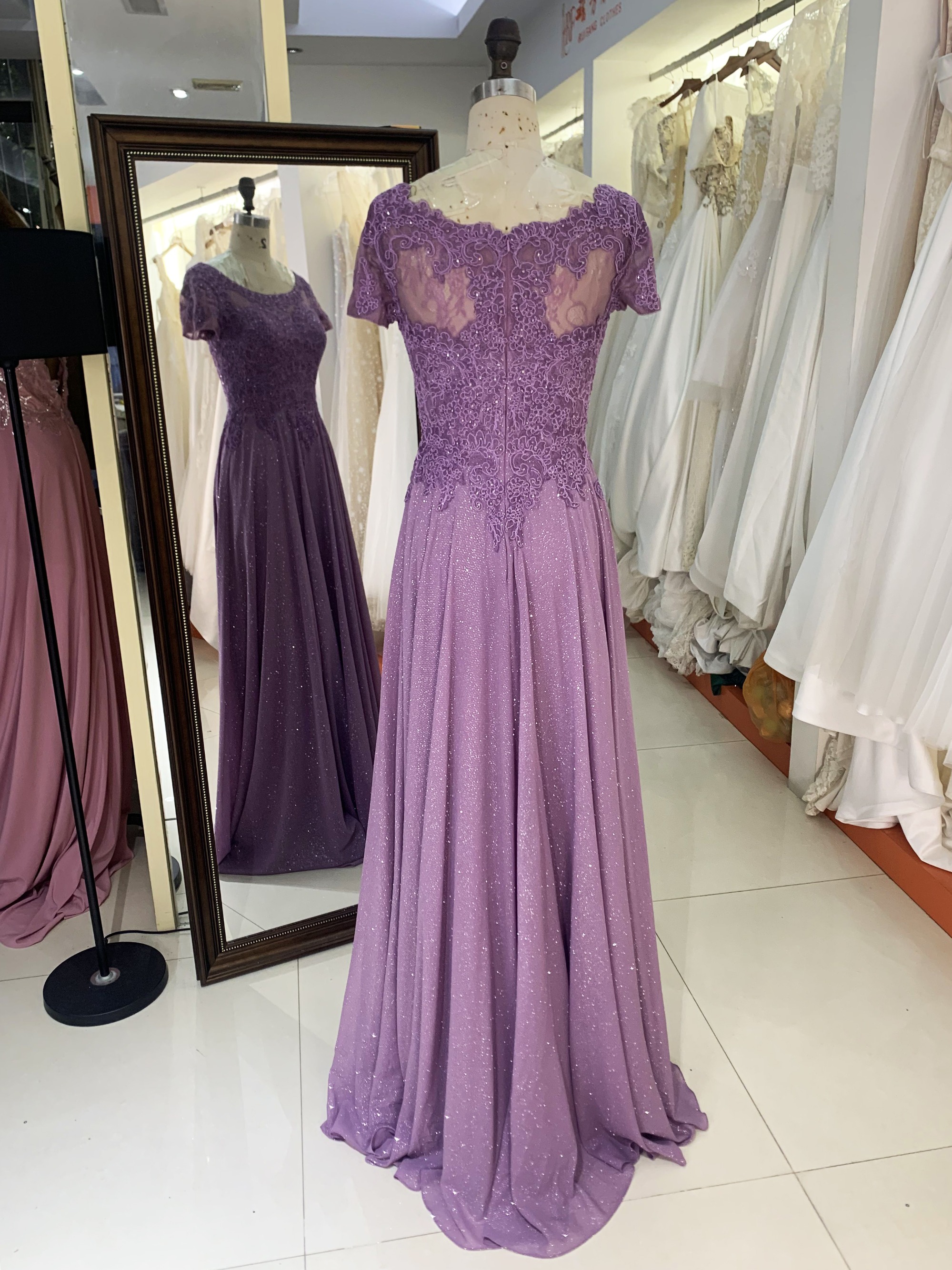 2025 wholesale purple short cap sleeve embroidery A line zipper up back shiny skirt mother of the bride dresses