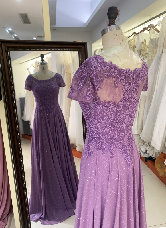 2025 wholesale purple short cap sleeve embroidery A line zipper up back shiny skirt mother of the bride dresses