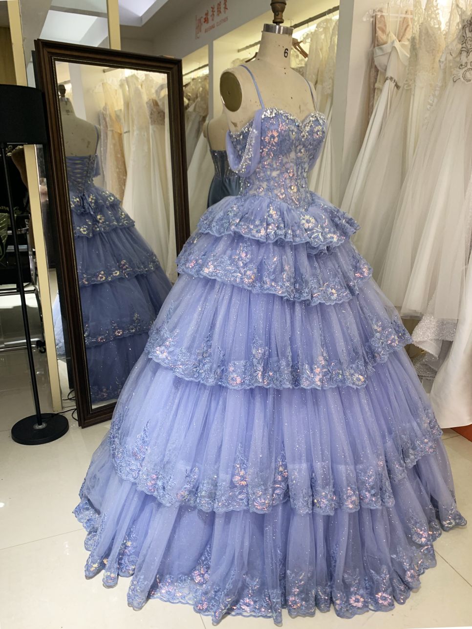 Dusty Blue off shoulder sleeveless 3D glitter embroidery lace up back quinceanera princess ruffle ball gown