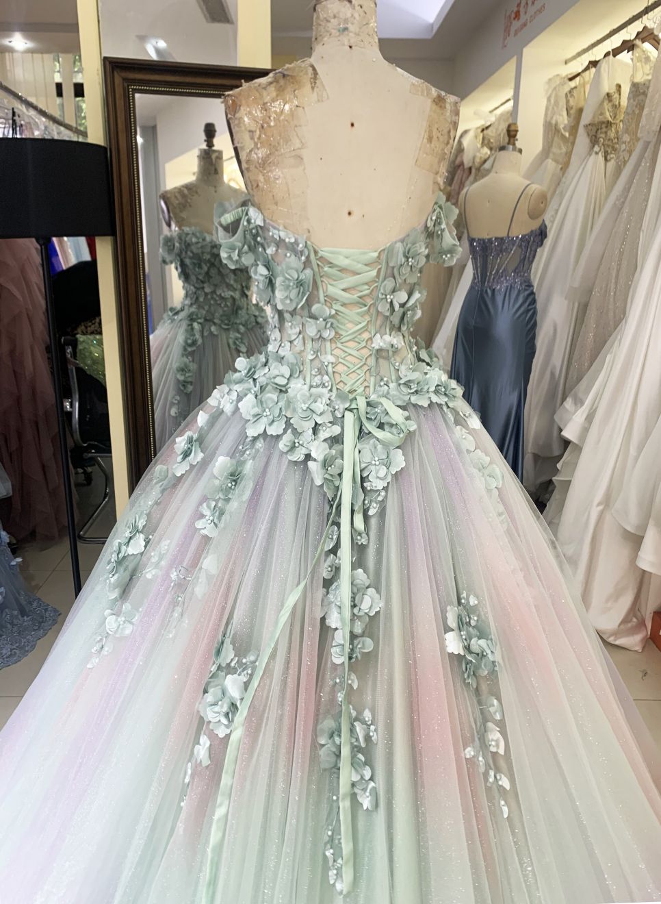 Sage pink off shoulder 3D embroidery sweetheart lace up back princess quinceanera ball gown for sweet 16