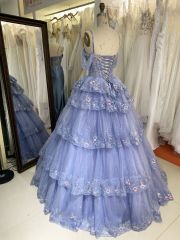 Dusty Blue off shoulder sleeveless 3D glitter embroidery lace up back quinceanera princess ruffle ball gown