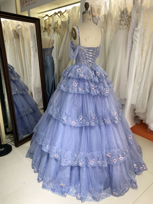 Dusty Blue off shoulder sleeveless 3D glitter embroidery lace up back quinceanera princess ruffle ball gown