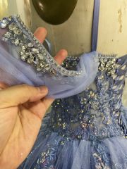 Dusty Blue off shoulder sleeveless 3D glitter embroidery lace up back quinceanera princess ruffle ball gown