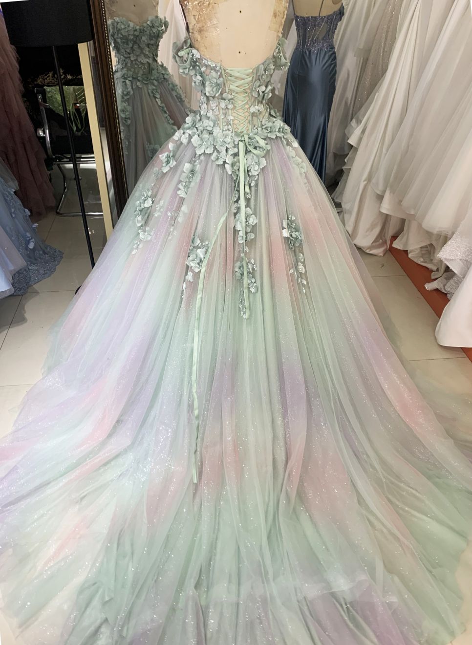 Sage pink off shoulder 3D embroidery sweetheart lace up back princess quinceanera ball gown for sweet 16