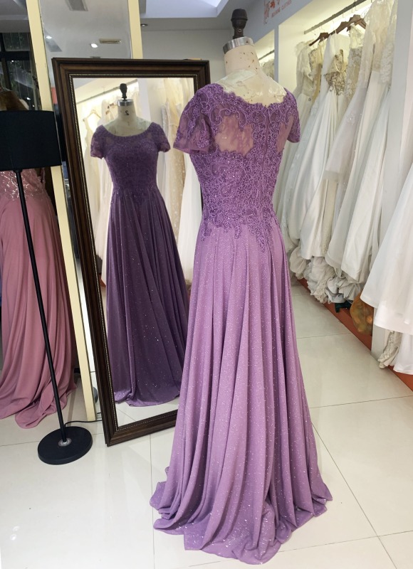 2025 wholesale purple short cap sleeve embroidery A line zipper up back shiny skirt mother of the bride dresses