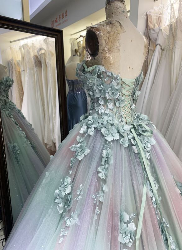 Sage pink off shoulder 3D embroidery sweetheart lace up back princess quinceanera ball gown for sweet 16