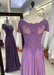 2025 wholesale purple short cap sleeve embroidery A line zipper up back shiny skirt mother of the bride dresses