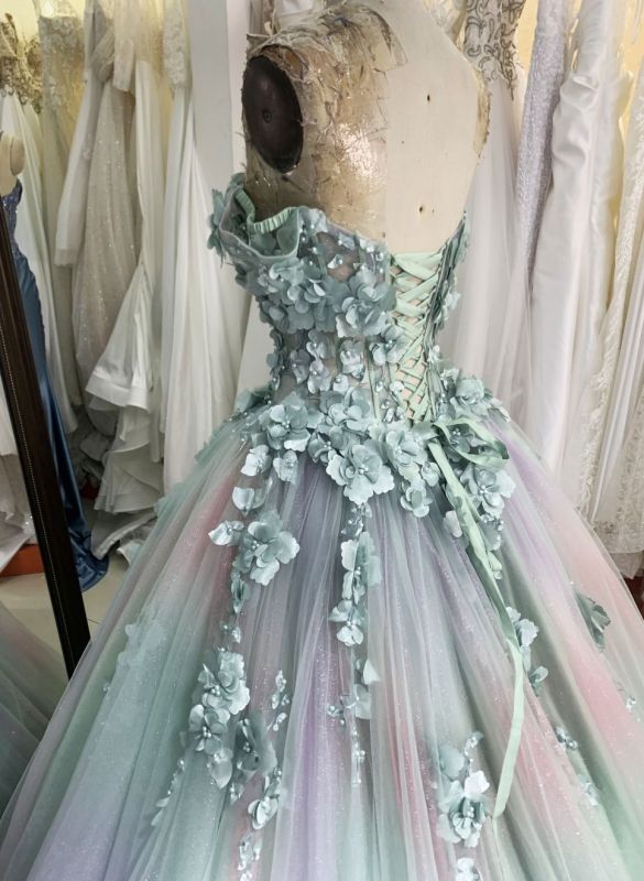 Sage pink off shoulder 3D embroidery sweetheart lace up back princess quinceanera ball gown for sweet 16
