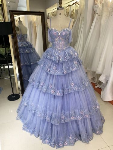 Dusty Blue off shoulder sleeveless 3D glitter embroidery lace up back quinceanera princess ruffle ball gown