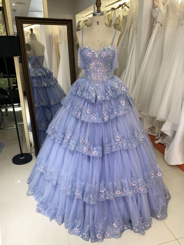 Dusty Blue off shoulder sleeveless 3D glitter embroidery lace up back quinceanera princess ruffle ball gown