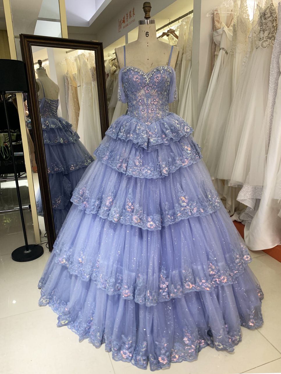 Dusty Blue off shoulder sleeveless 3D glitter embroidery lace up back quinceanera princess ruffle ball gown