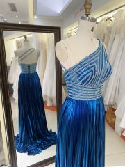 2025 New elegant glitter blue one shoulder crystal embellished gown satin fabric floor-length prom dress for women
