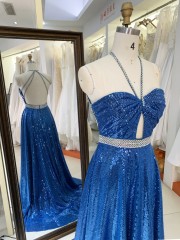 2025 wholesale teal sequin A line open back beading belt hand pleated elegant simple prom dresses