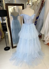 2025 Light blue off the shoulder lace embellished corset bodice princess ruffle tulle formal black tie prom dresses