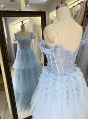 2025 Light blue off the shoulder lace embellished corset bodice princess ruffle tulle formal black tie prom dresses