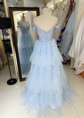 2025 Light blue off the shoulder lace embellished corset bodice princess ruffle tulle formal black tie prom dresses