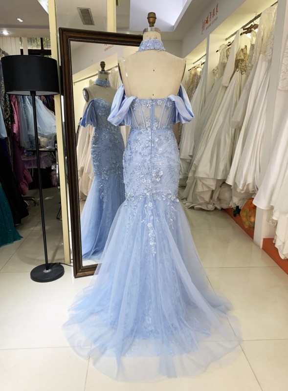 2025 New custom blue deep V-neck off shoulder strapless backless lace embroidery boning evening dress maxi dress prom dress