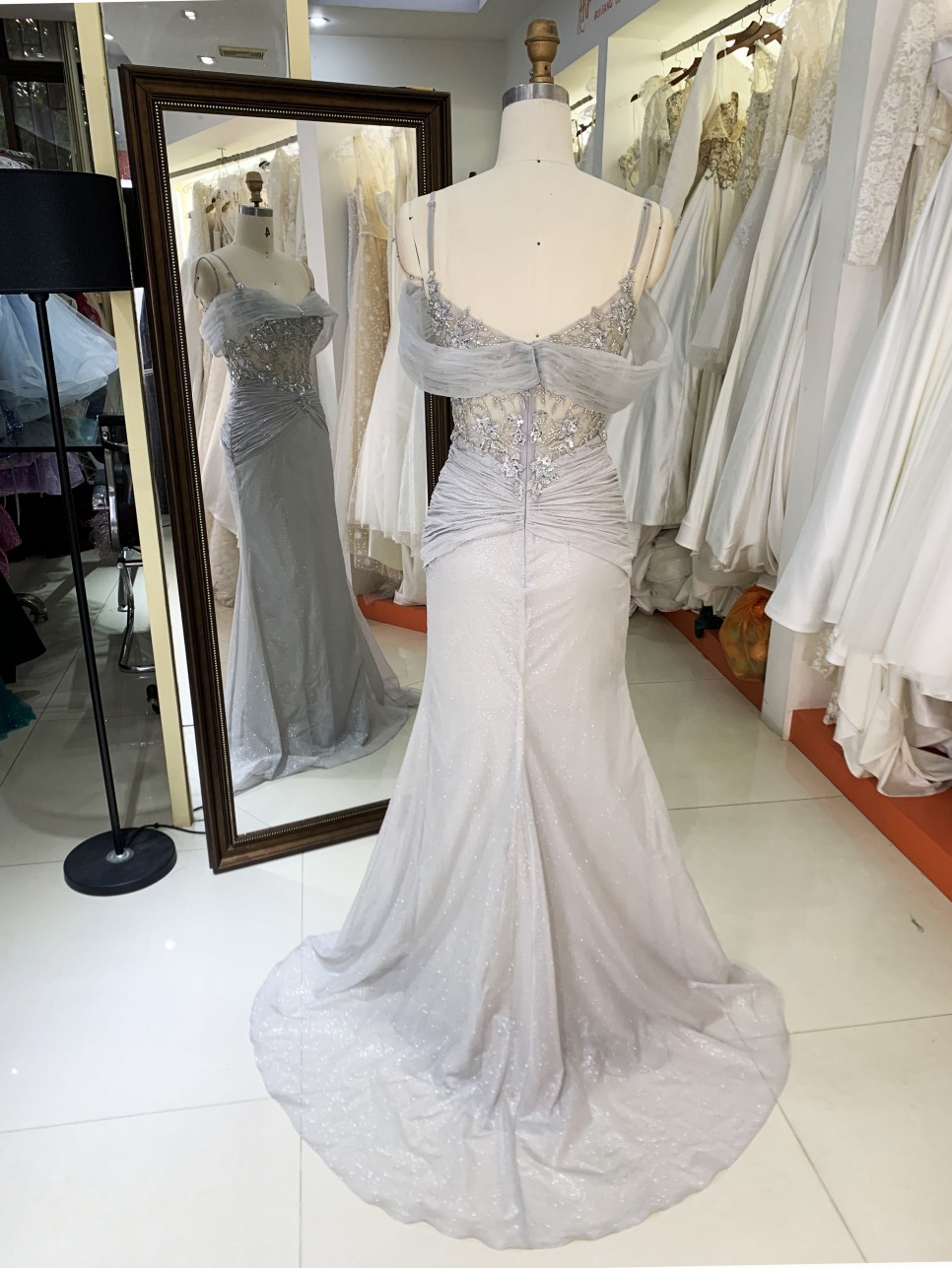High Quality America wholesale LA brand Elegant Ladies Slim Embroidery Glitter Chiffon Off Shoulder Formal Style Prom Dress 2025