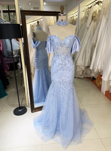 2025 New custom blue deep V-neck off shoulder strapless backless lace embroidery boning evening dress maxi dress prom dress