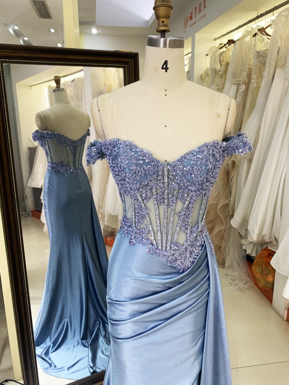 2025 smoky blue off the shoulder lace embellished corset bodice hand pleated satin over skirt formal black tie prom dresses