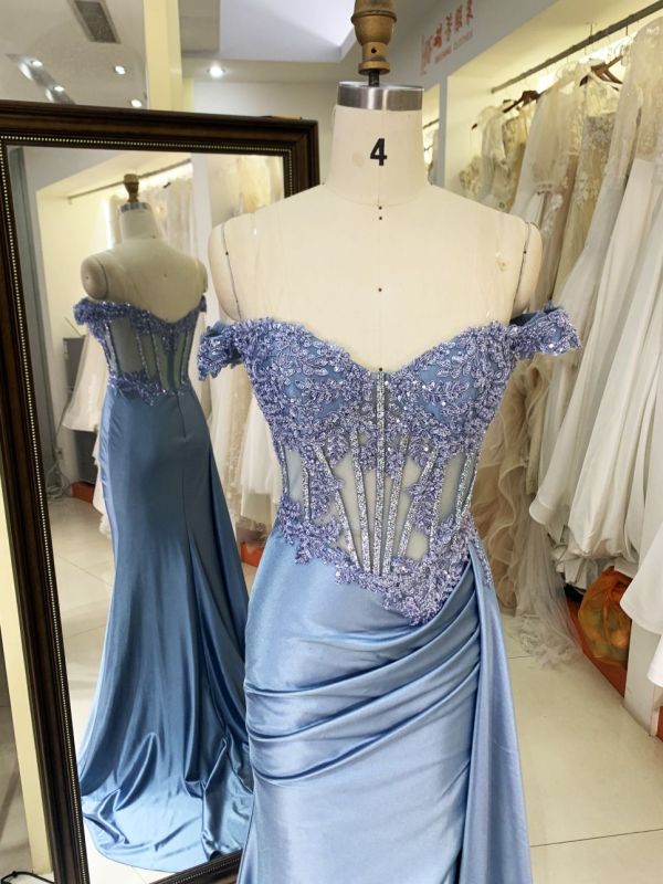 2025 smoky blue off the shoulder lace embellished corset bodice hand pleated satin over skirt formal black tie prom dresses