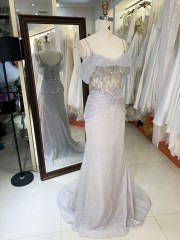 High Quality America wholesale LA brand Elegant Ladies Slim Embroidery Glitter Chiffon Off Shoulder Formal Style Prom Dress 2025