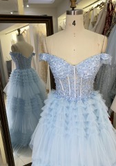 2025 Light blue off the shoulder lace embellished corset bodice princess ruffle tulle formal black tie prom dresses