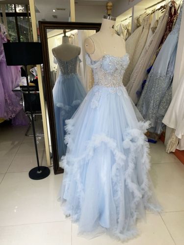 2025 light blue off the shoulder lace embellished corset bodice tulle formal princess ruffle prom dresses