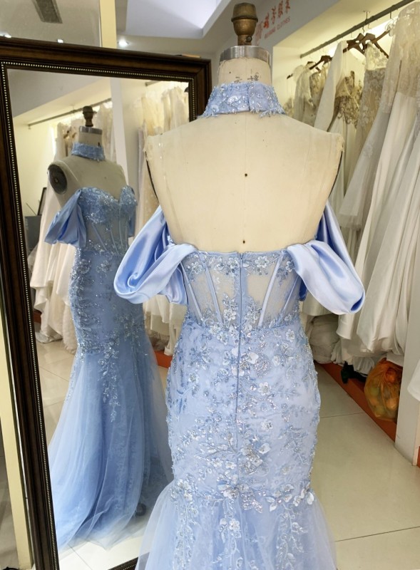 2025 New custom blue deep V-neck off shoulder strapless backless lace embroidery boning evening dress maxi dress prom dress