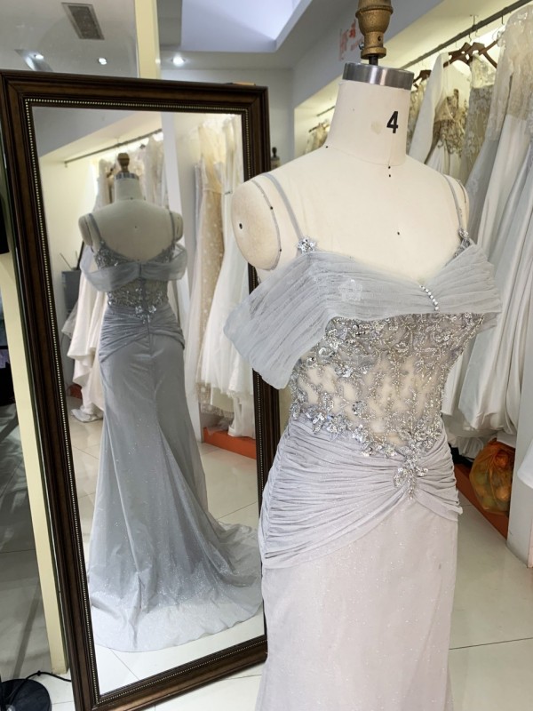 High Quality America wholesale LA brand Elegant Ladies Slim Embroidery Glitter Chiffon Off Shoulder Formal Style Prom Dress 2025