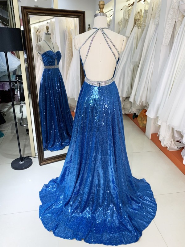 2025 wholesale teal sequin A line open back beading belt hand pleated elegant simple prom dresses