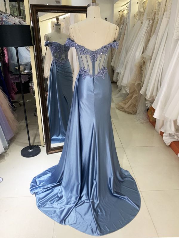 2025 smoky blue off the shoulder lace embellished corset bodice hand pleated satin over skirt formal black tie prom dresses