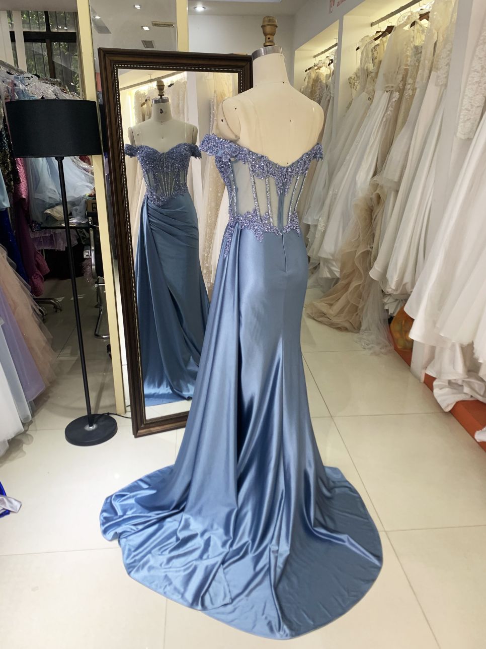 2025 smoky blue off the shoulder lace embellished corset bodice hand pleated satin over skirt formal black tie prom dresses