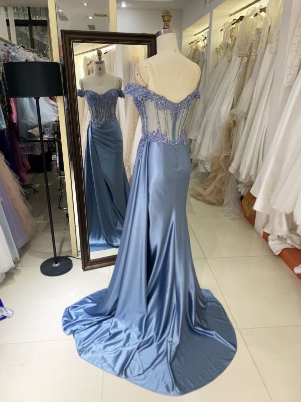 2025 smoky blue off the shoulder lace embellished corset bodice hand pleated satin over skirt formal black tie prom dresses