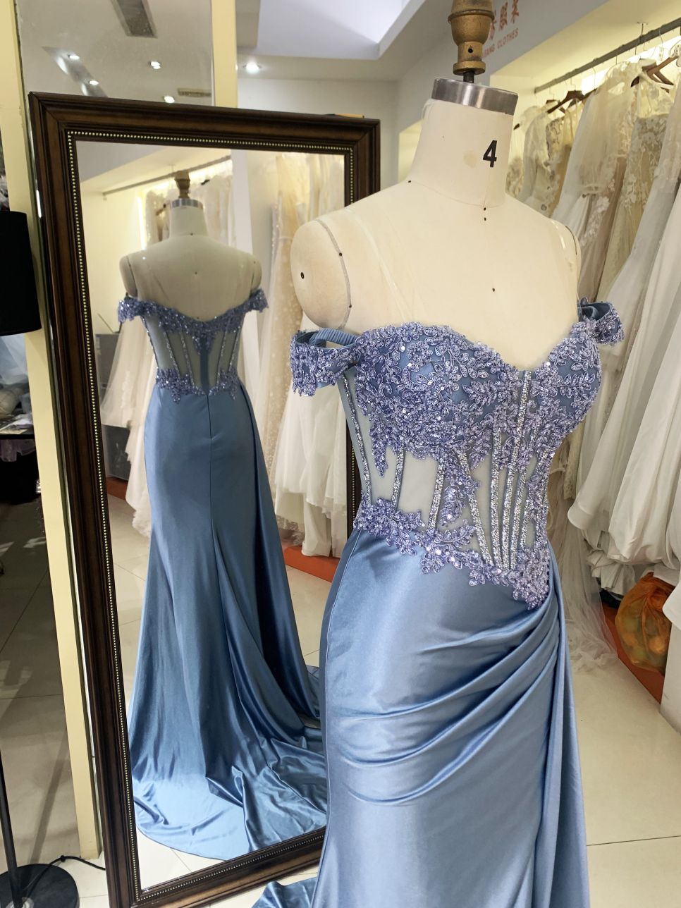 2025 smoky blue off the shoulder lace embellished corset bodice hand pleated satin over skirt formal black tie prom dresses