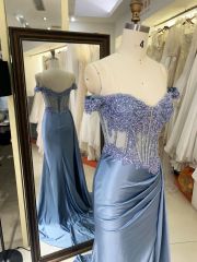 2025 smoky blue off the shoulder lace embellished corset bodice hand pleated satin over skirt formal black tie prom dresses