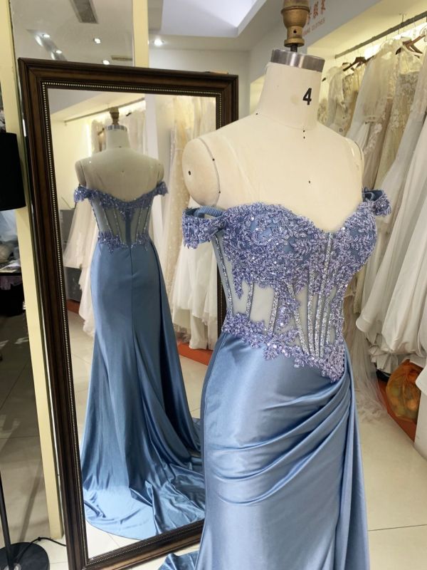 2025 smoky blue off the shoulder lace embellished corset bodice hand pleated satin over skirt formal black tie prom dresses