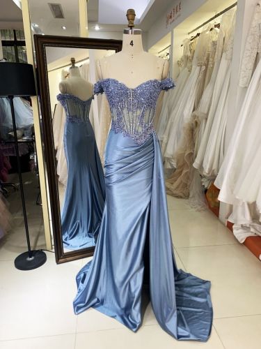 2025 smoky blue off the shoulder lace embellished corset bodice hand pleated satin over skirt formal black tie prom dresses