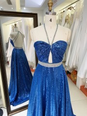 2025 wholesale teal sequin A line open back beading belt hand pleated elegant simple prom dresses