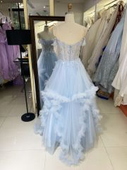 2025 light blue off the shoulder lace embellished corset bodice tulle formal princess ruffle prom dresses