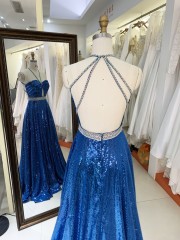 2025 wholesale teal sequin A line open back beading belt hand pleated elegant simple prom dresses